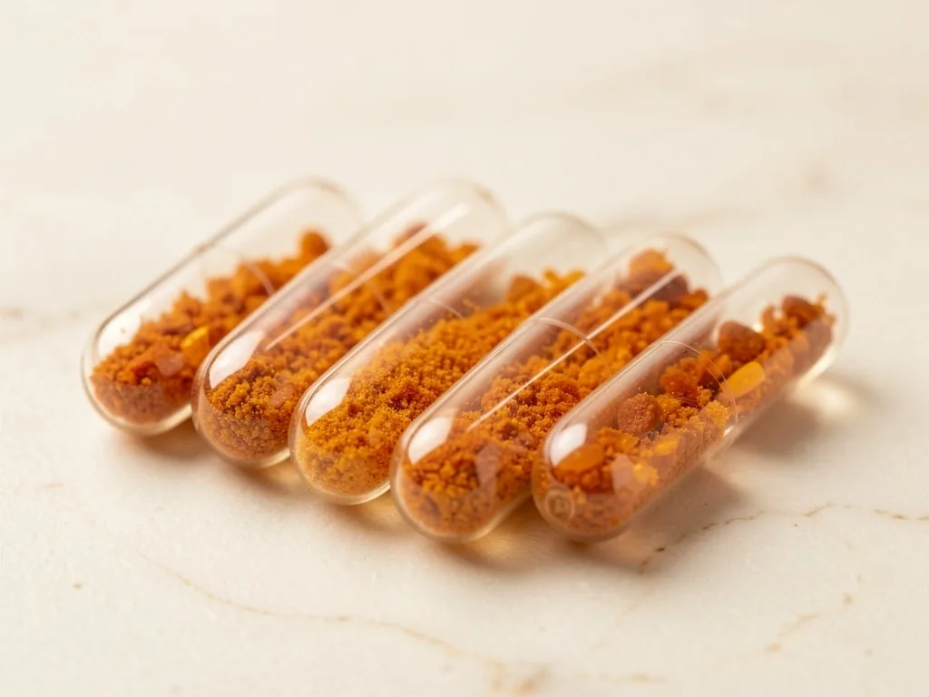 Natural supplement capsules in macro detail