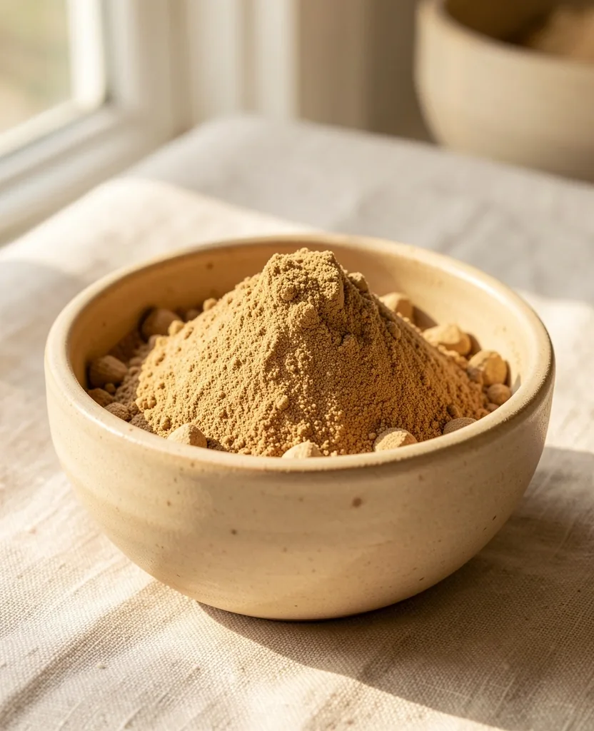 Bowl of ashwagandha root powder on linen