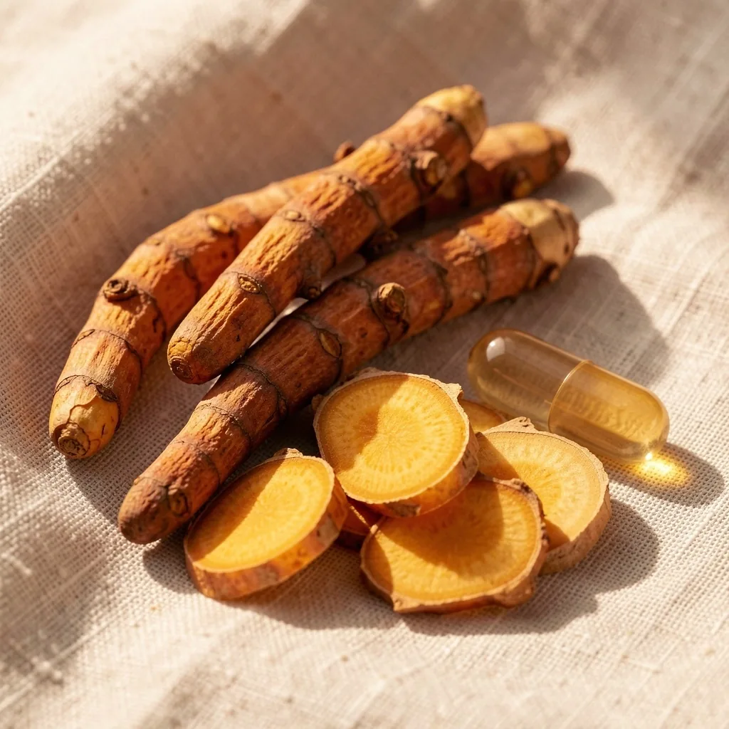 Dried turmeric roots and ginger with a clear capsule on linen