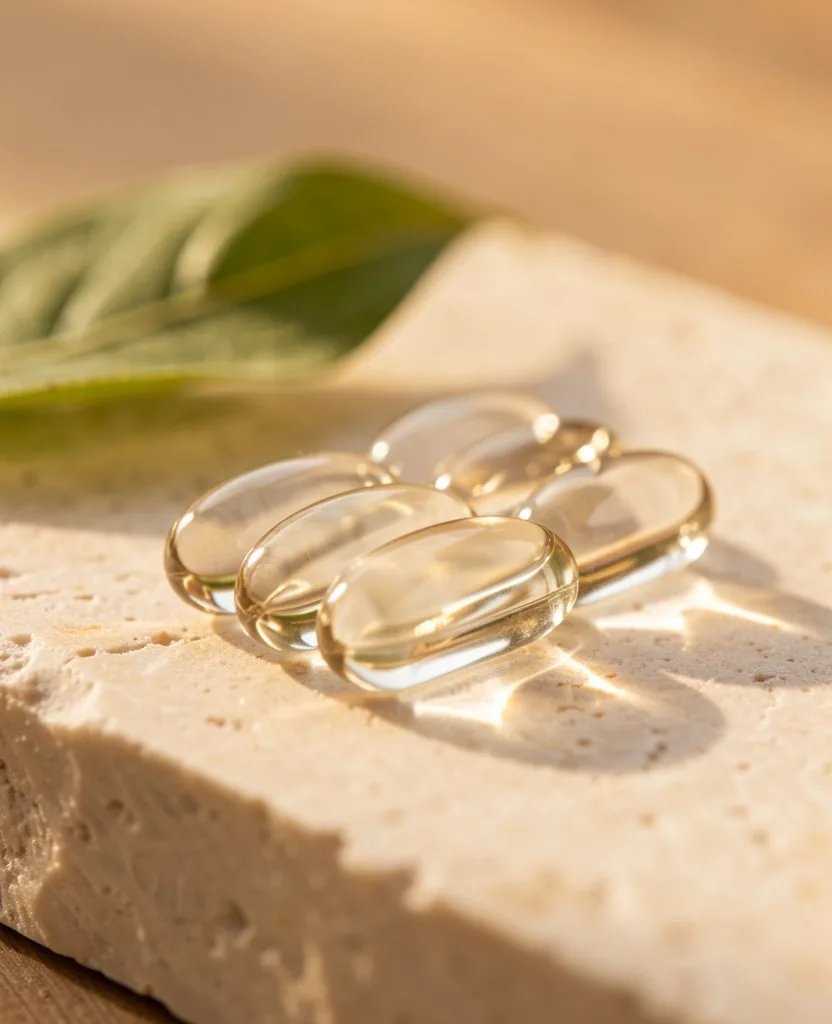 Natural supplement capsules arranged on a stone surface