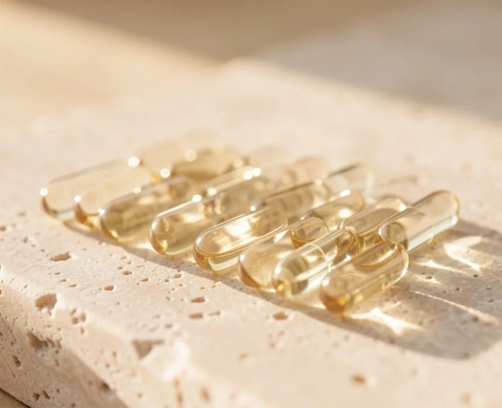 Natural supplement capsules on a stone surface