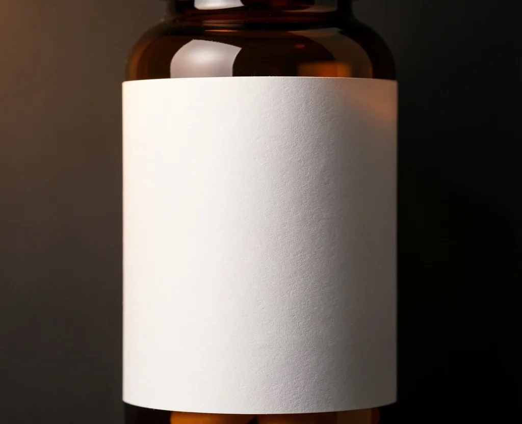 Amber supplement bottle with white label