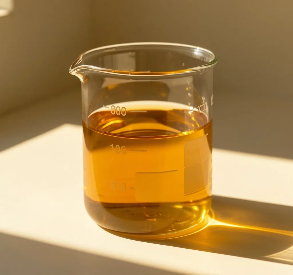 Glass beaker with amber liquid supplement