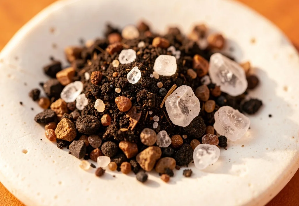 Raw mineral crystals on ceramic surface