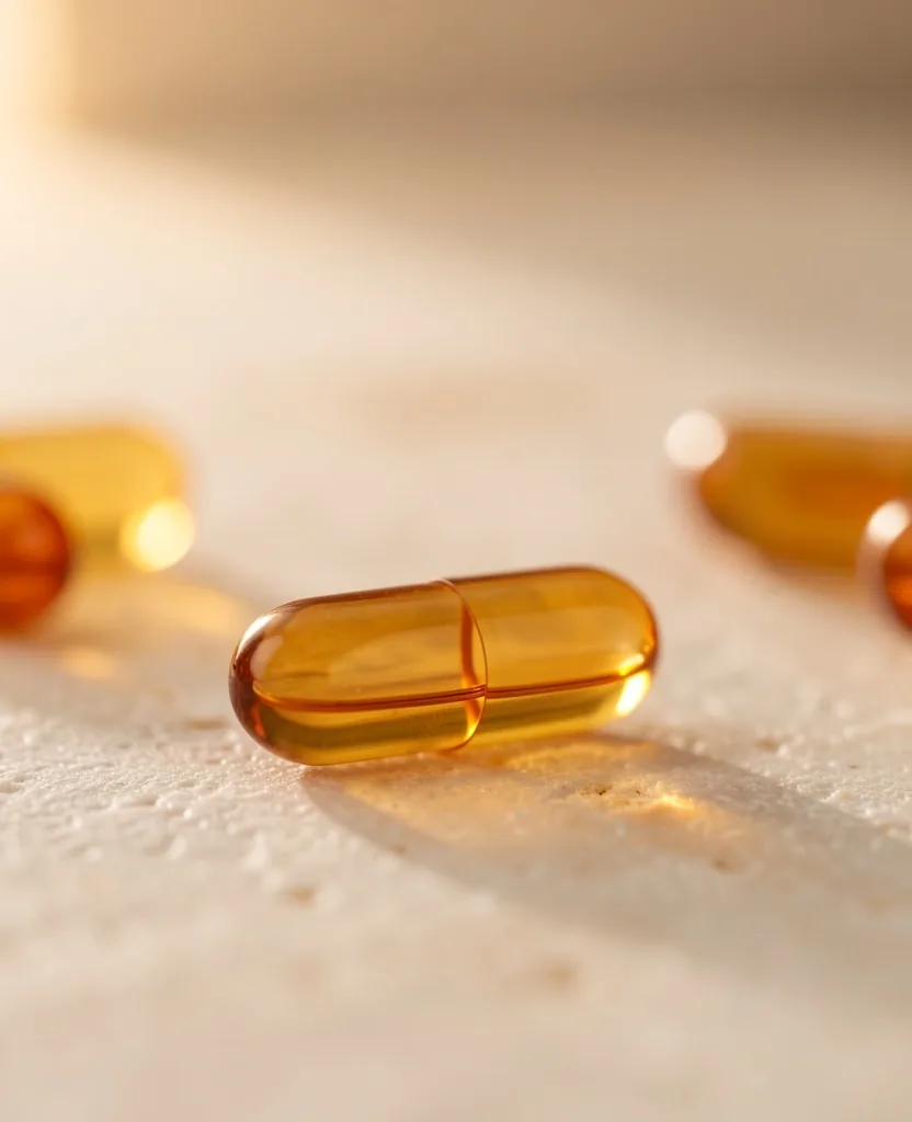 Natural supplement capsules on stone surface